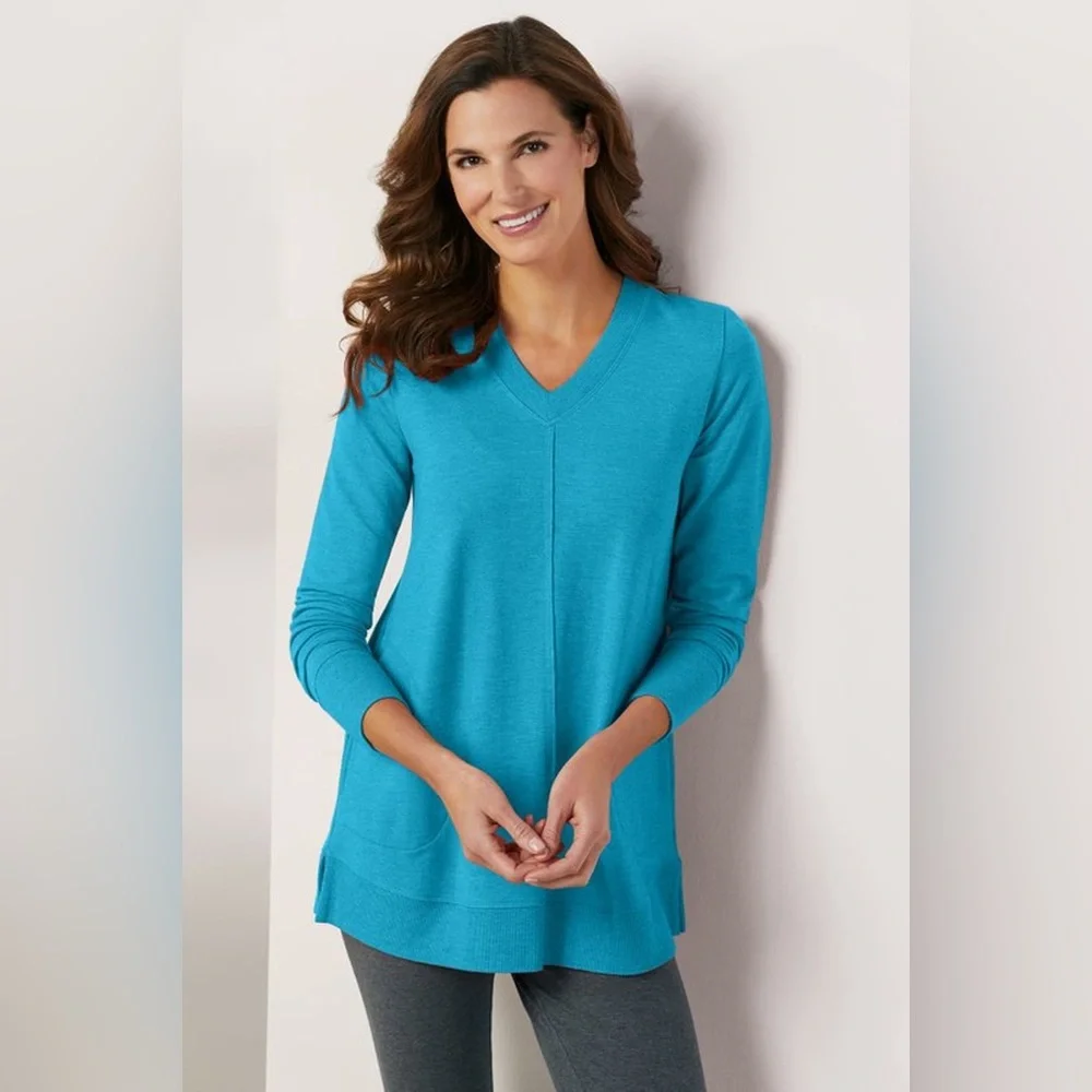 Soft Surroundings Siesta Soft Tunic V Neck‎ Pullover Size XS Blue Lagenlook